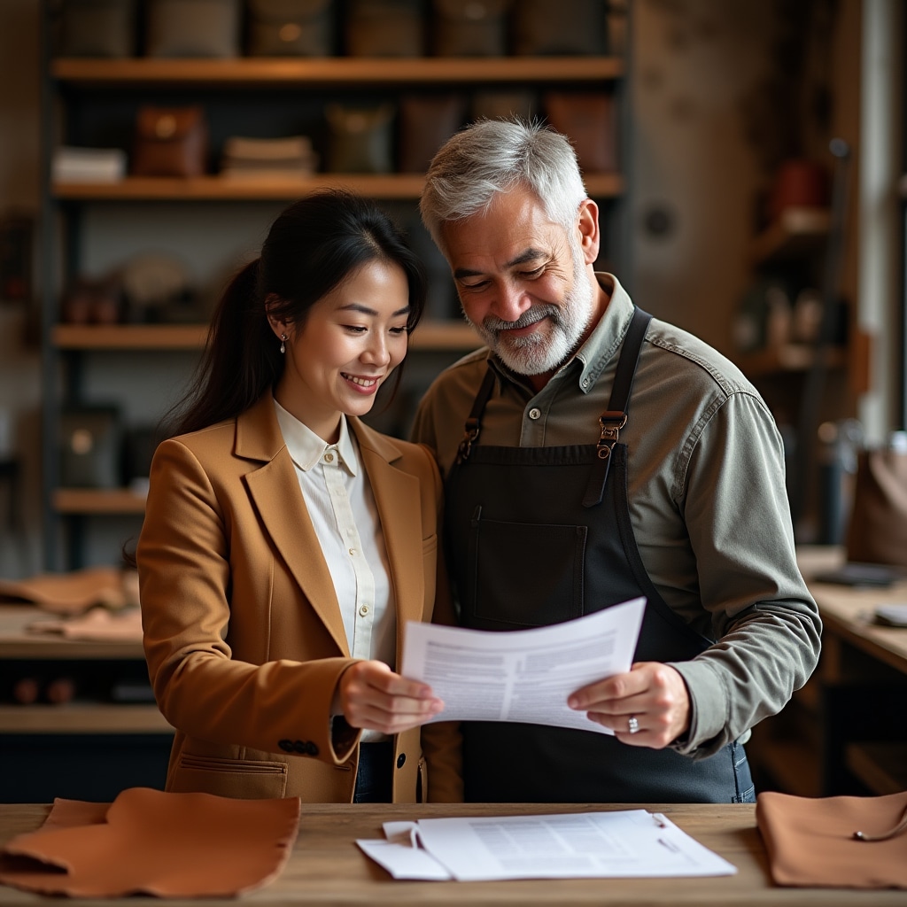 Consulente e artigiano che confrontano un piano di lavoro in bottega