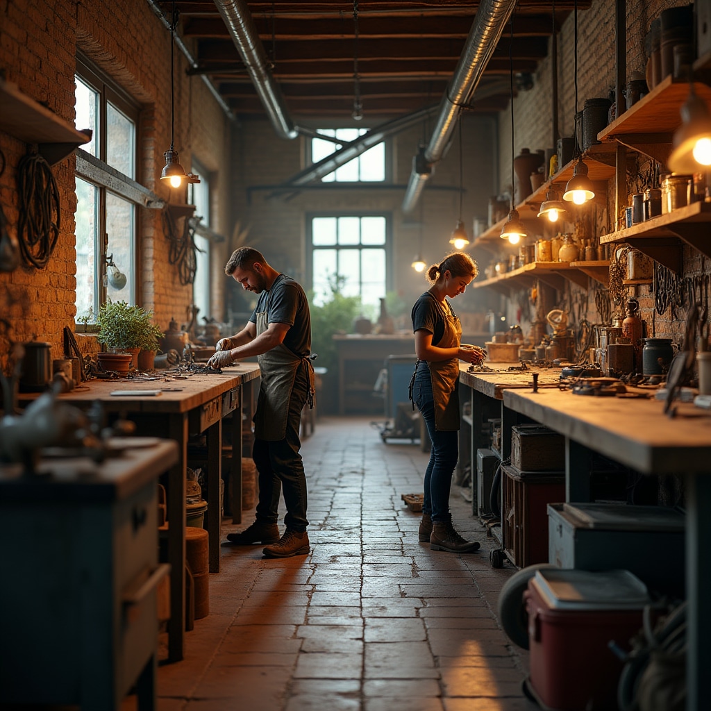 Laboratorio manifatturiero italiano con artigiani al lavoro