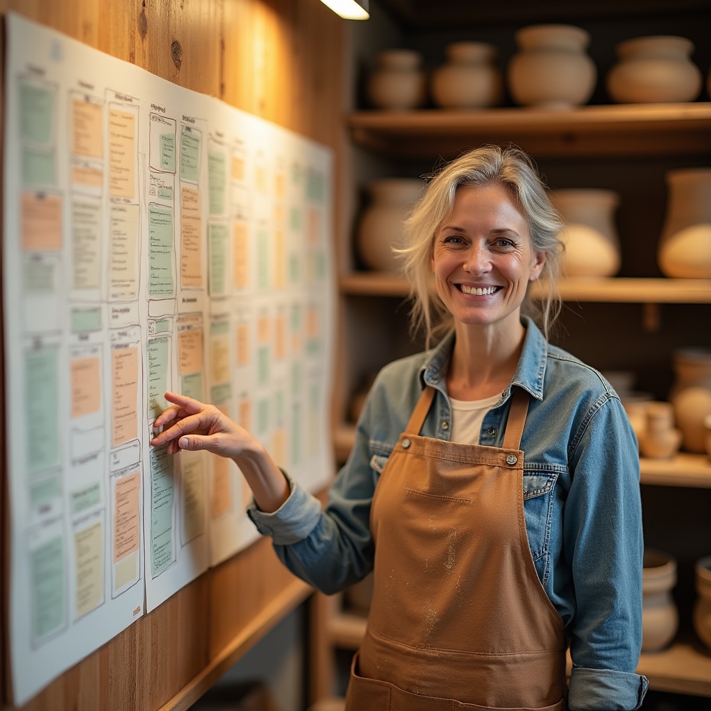 Artigiano che pianifica le commesse su una bacheca organizzativa